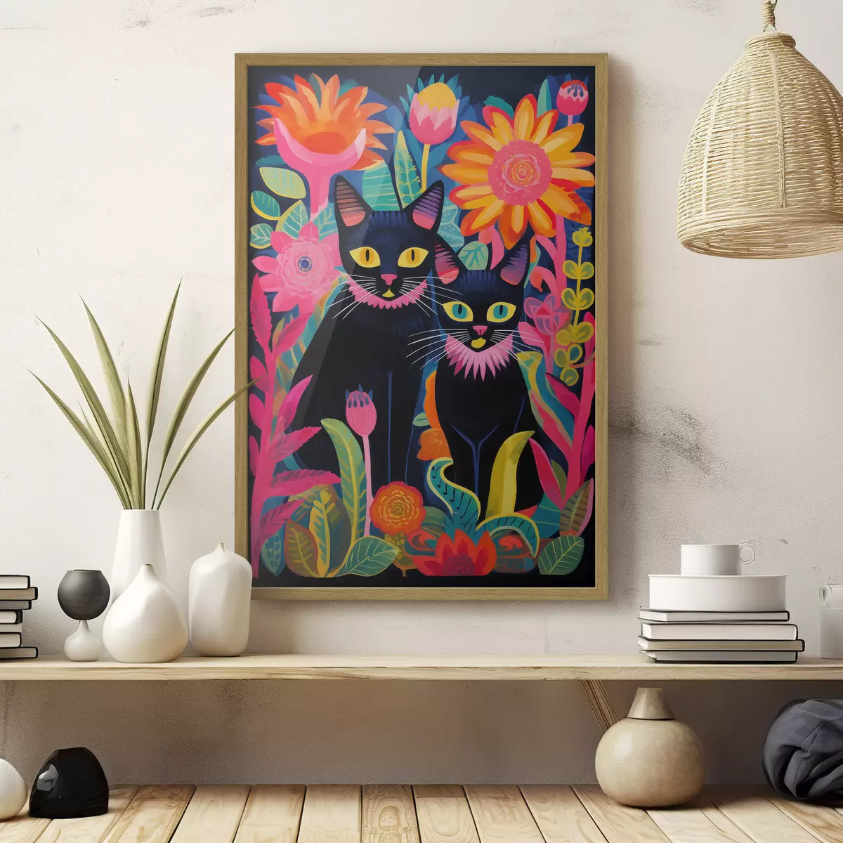 Poster Dos gatos negros entre flores brillantes f47299
