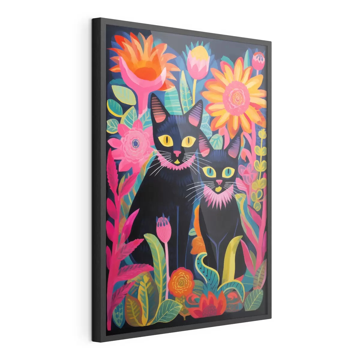 Poster Dos gatos negros entre flores brillantes f47299