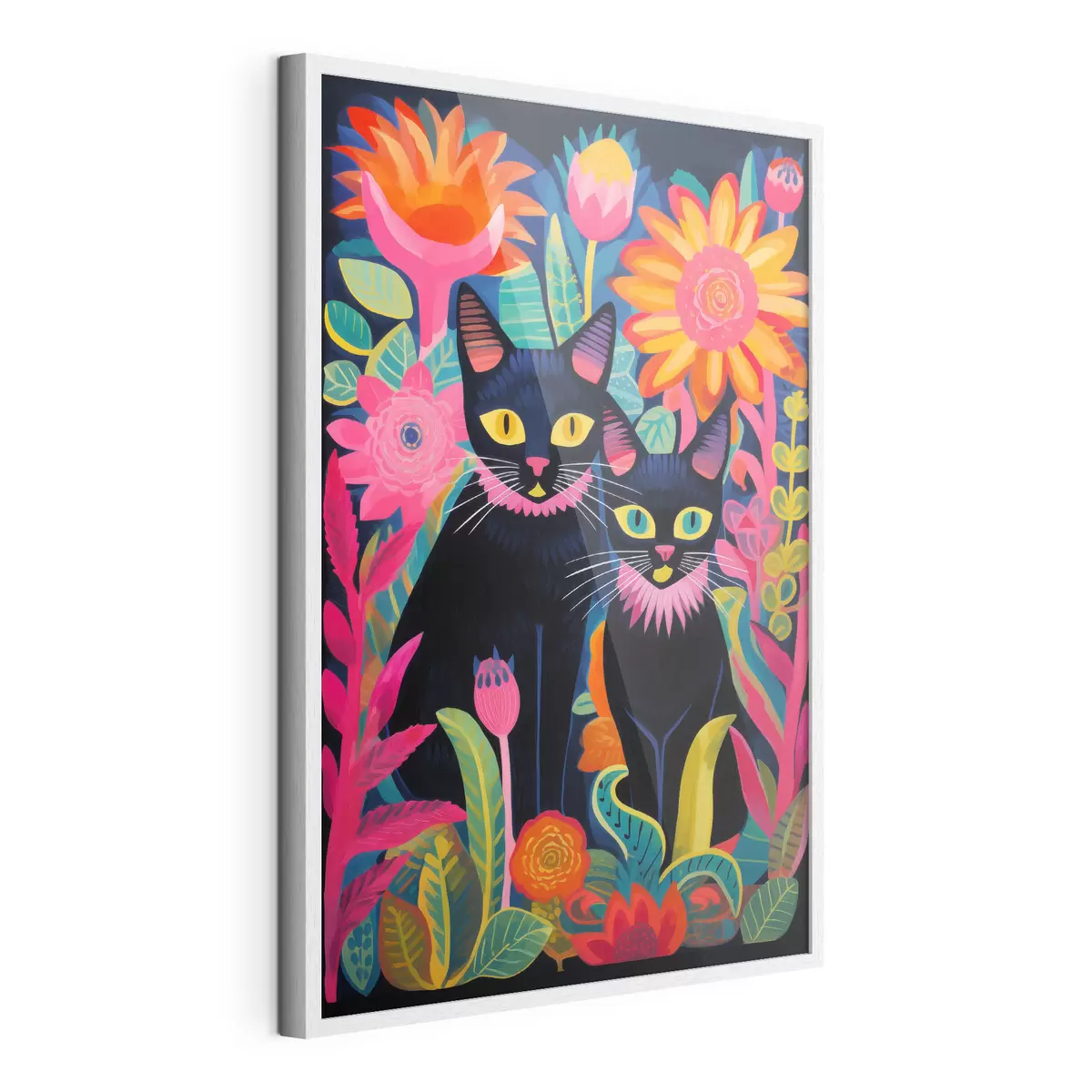 Poster Dos gatos negros entre flores brillantes f47299