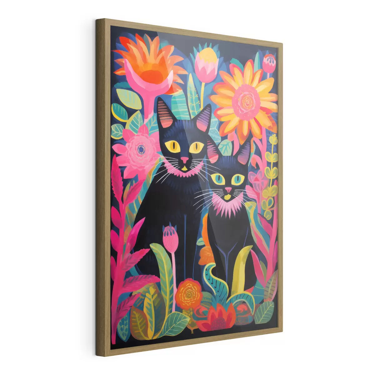 Poster Dos gatos negros entre flores brillantes f47299