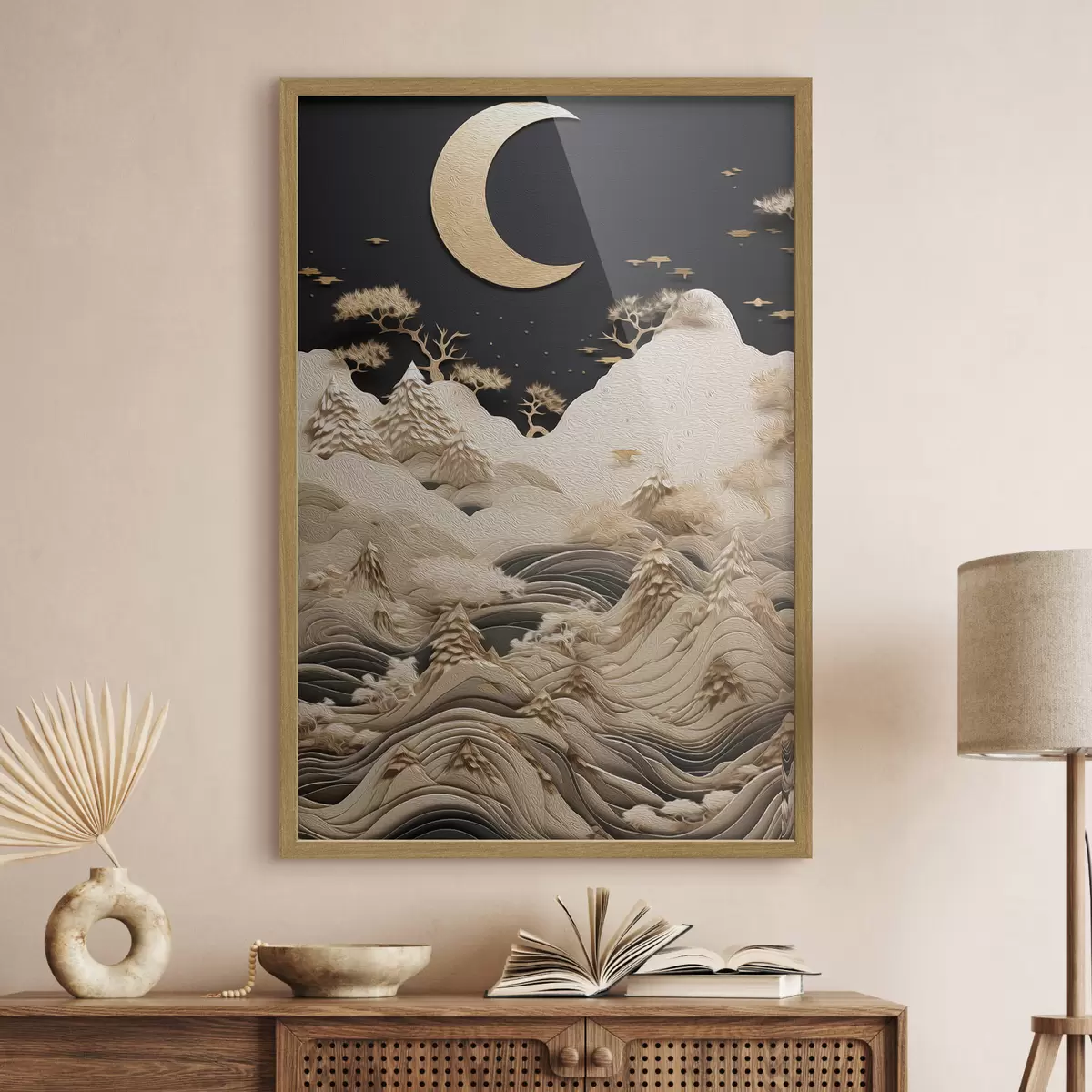 Poster Montañas y árboles estilizados bajo la luna f47300