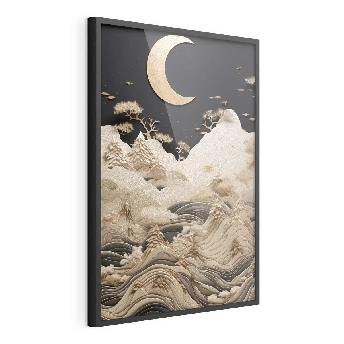 Poster Montañas y árboles estilizados bajo la luna f47300