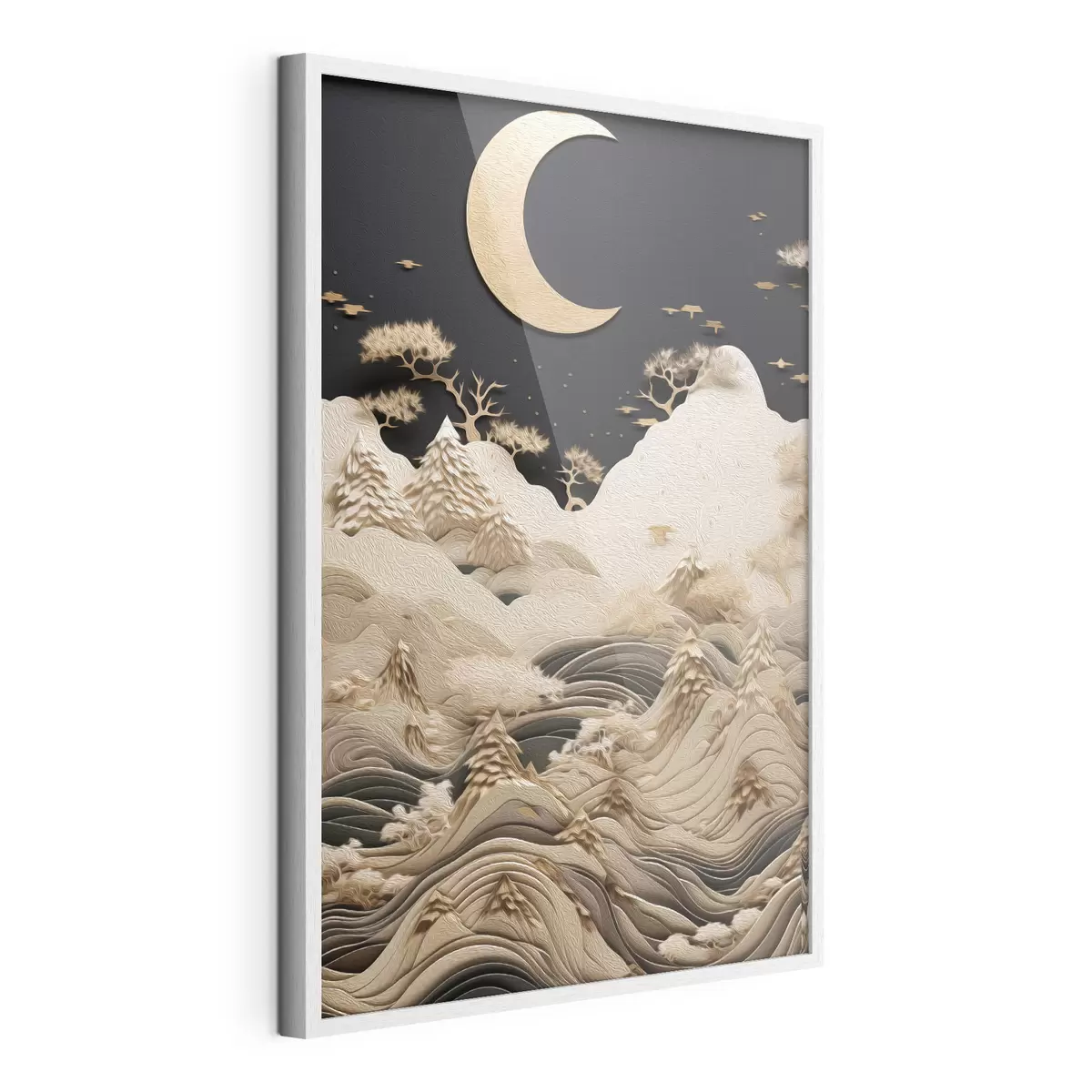 Poster Montañas y árboles estilizados bajo la luna f47300