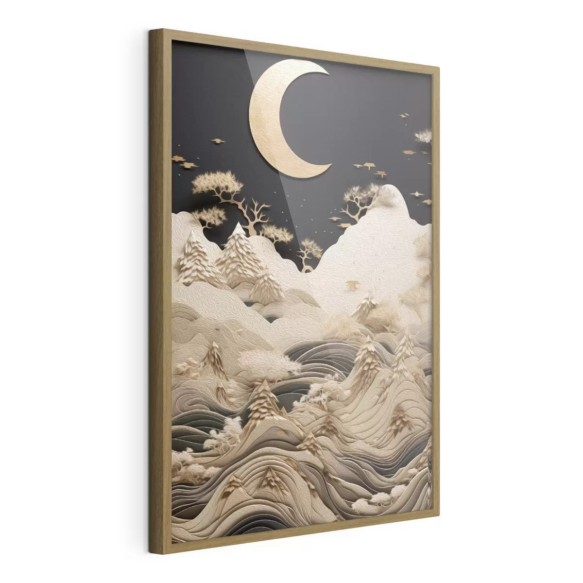 Poster Montañas y árboles estilizados bajo la luna f47300