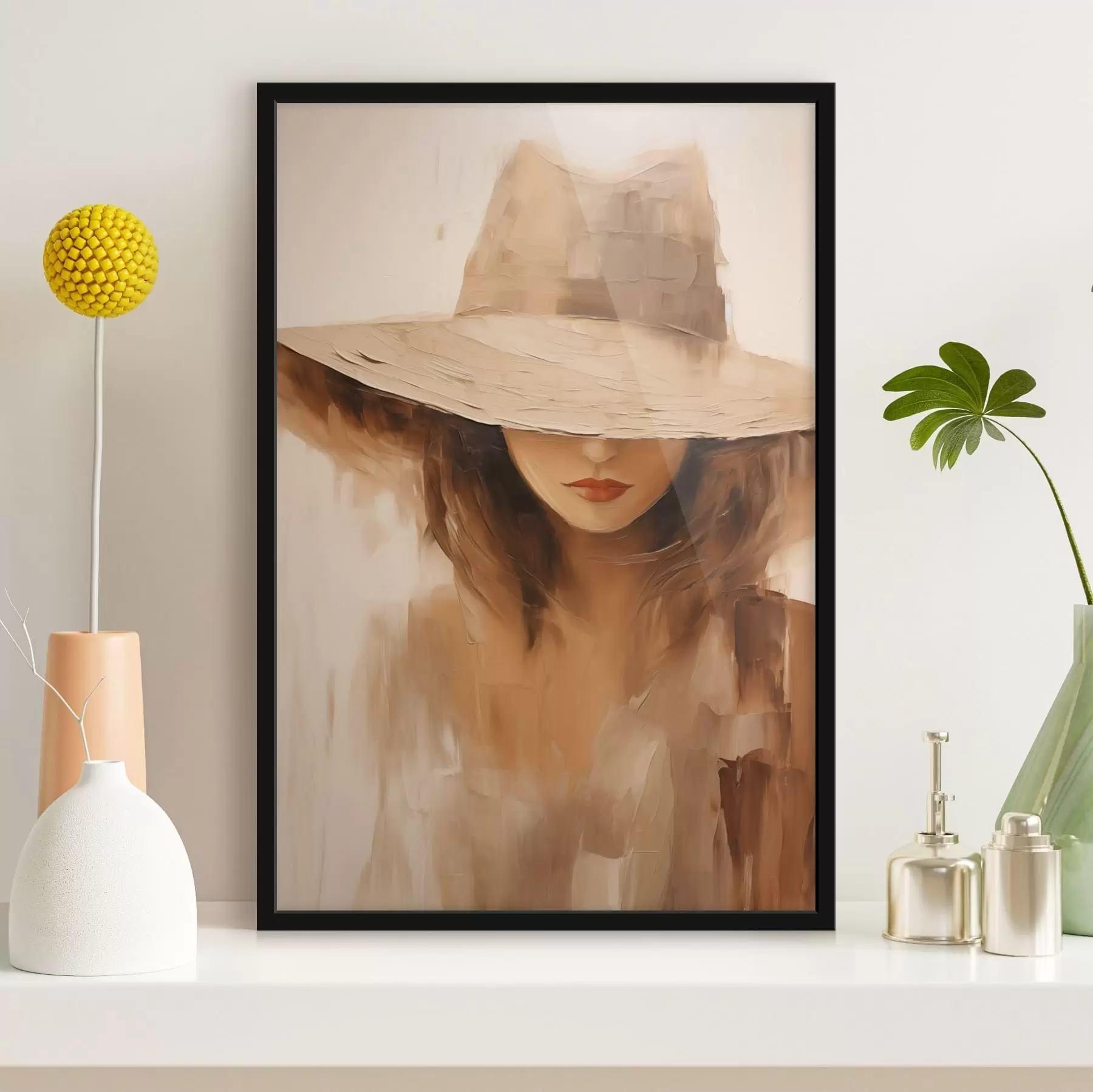 murales de pared Mujer con sombrero en cálidos trazos abstractos f47312