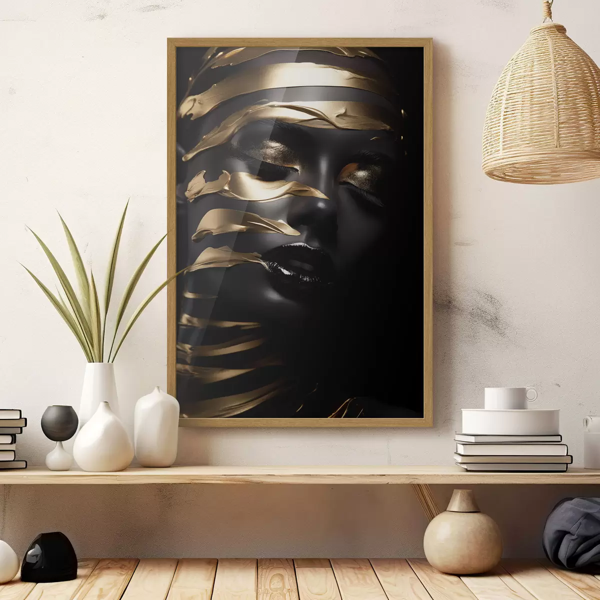 Poster Rostro entre cintas doradas f47321