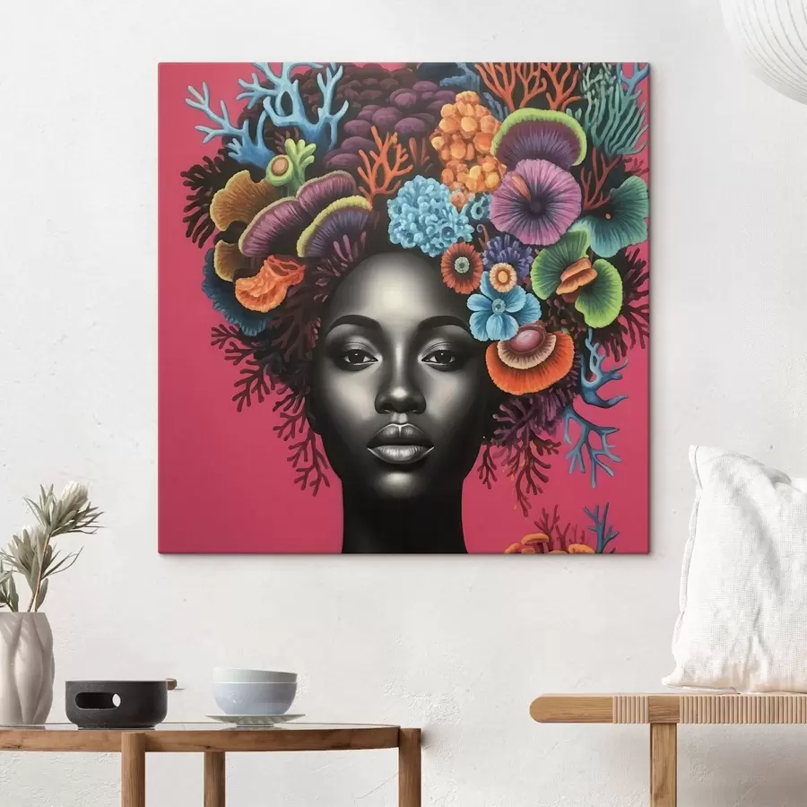 murales de pared Retrato psicodélico de una mujer con setas s47786