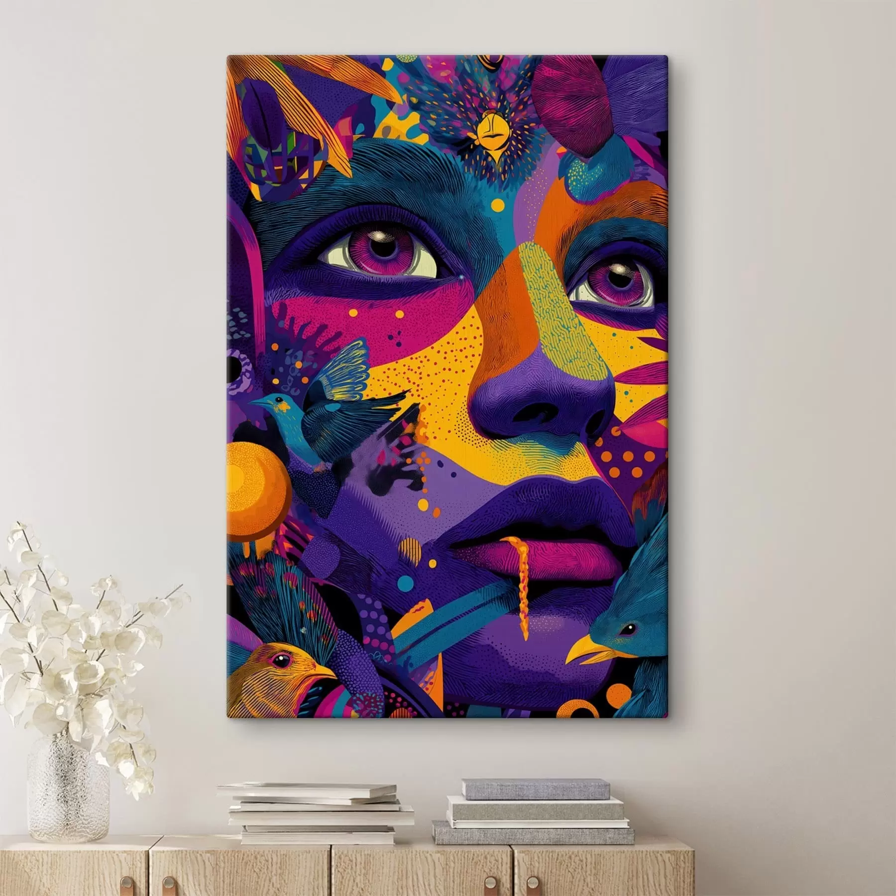 murales de pared Retrato psicodélico con pájaros s47790