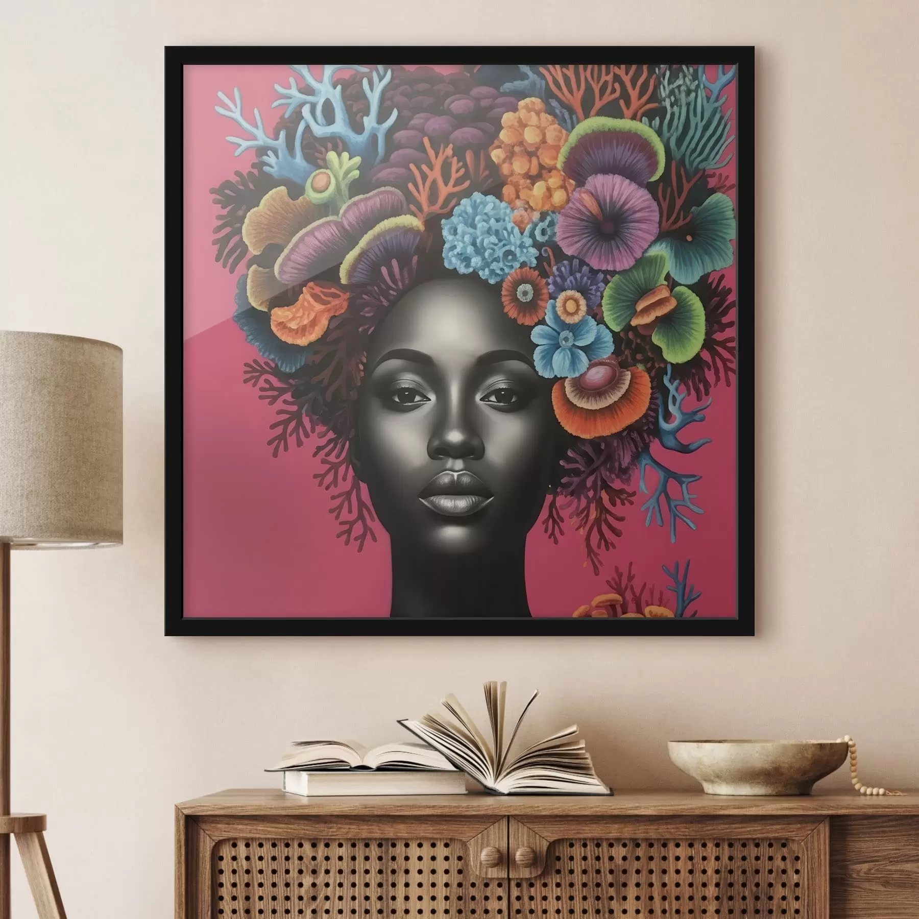 murales de pared Retrato psicodélico de una mujer con setas f47786