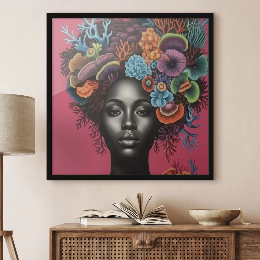 murales de pared Retrato psicodélico de una mujer con setas f47786