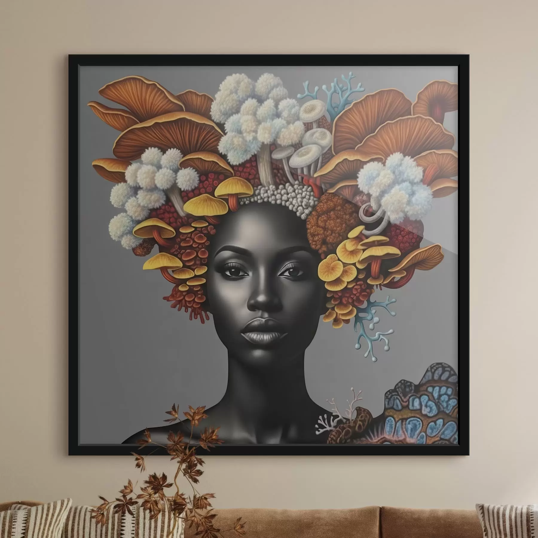 murales de pared Retrato de una mujer con setas f47788