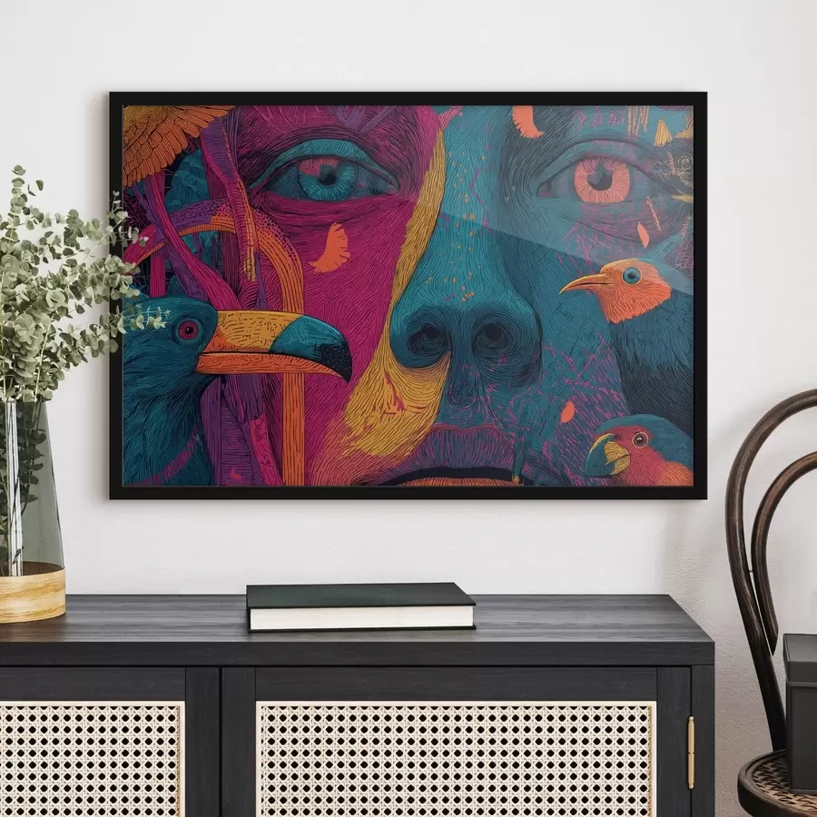 murales de pared Retrato psicodélico con pájaros f47789