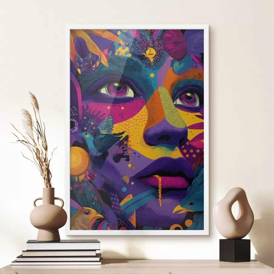 murales de pared Retrato psicodélico con pájaros f47790