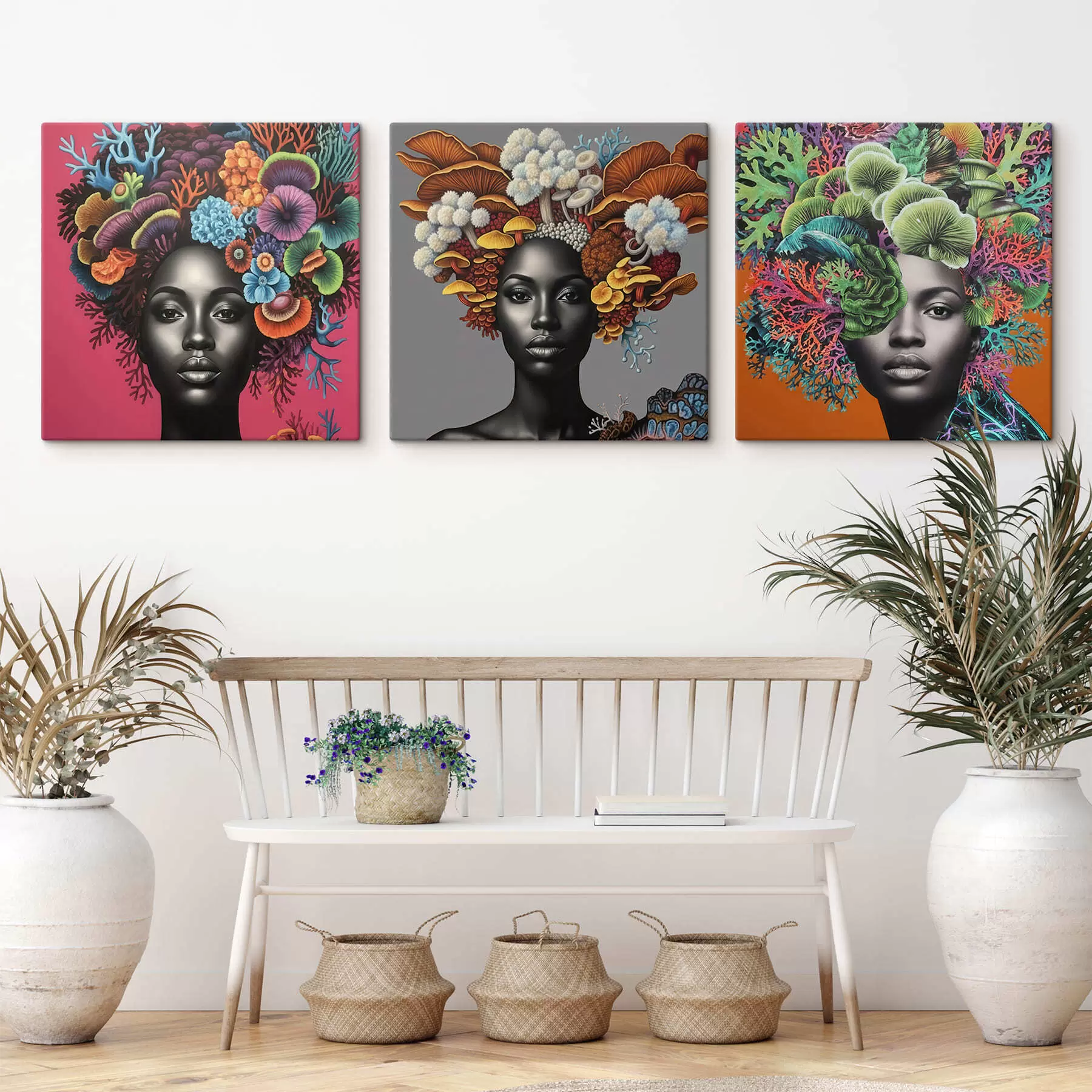 murales de pared Retrato psicodélico de una mujer con setas m01308