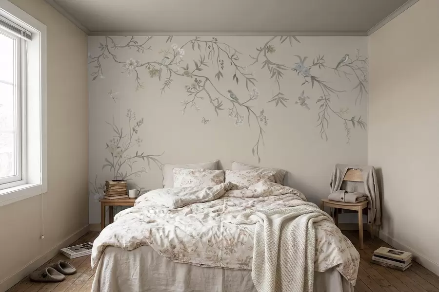 murales de pared Ramas florales con pájaros sobre un fondo beige cálido w05127v1