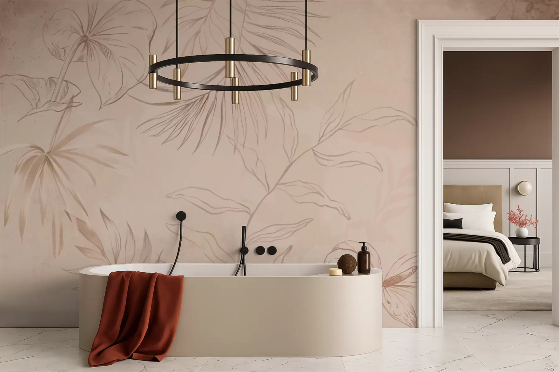 murales de pared Plantas lineales sobre fondo beige texturizado w05128