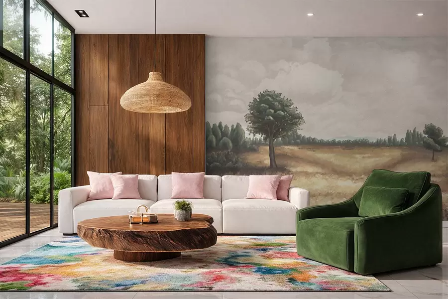 murales de pared Paisaje pintado con árboles y campo abierto w05131