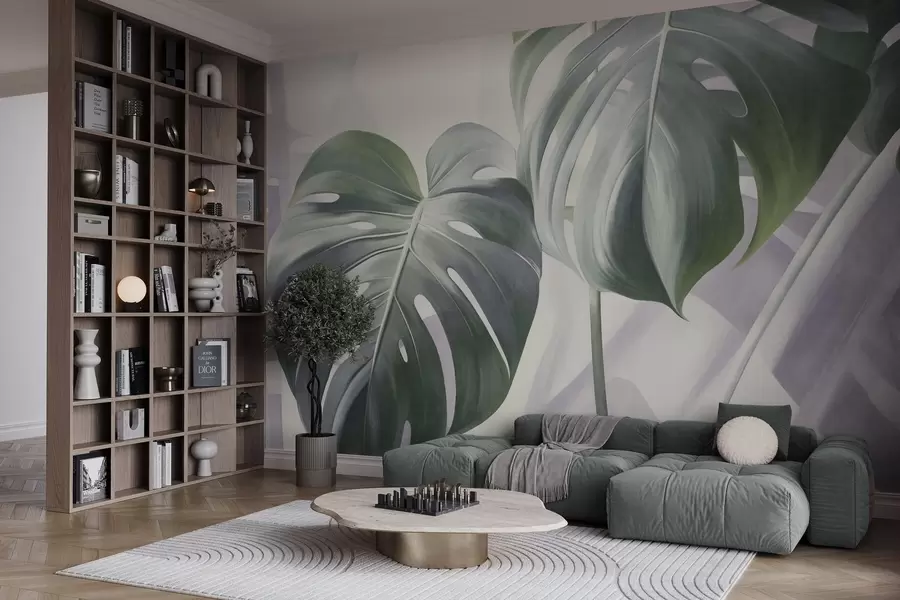 murales de pared Hojas de monstera texturizadas, grandes y verdes, sobre un fondo abstracto suave y claro. w09477