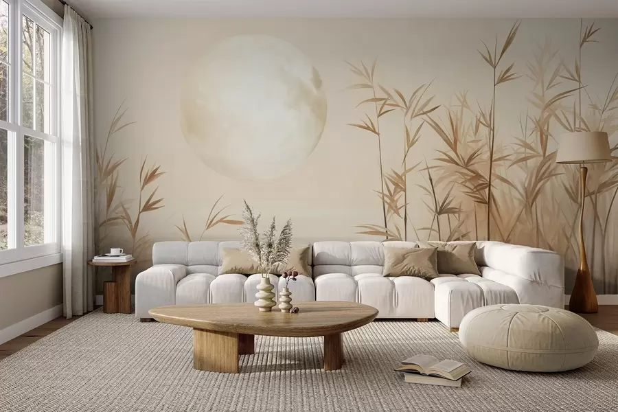 murales de pared Paisaje texturizado con altos juncos, lago y luna pálida en un cielo brumoso. w09631