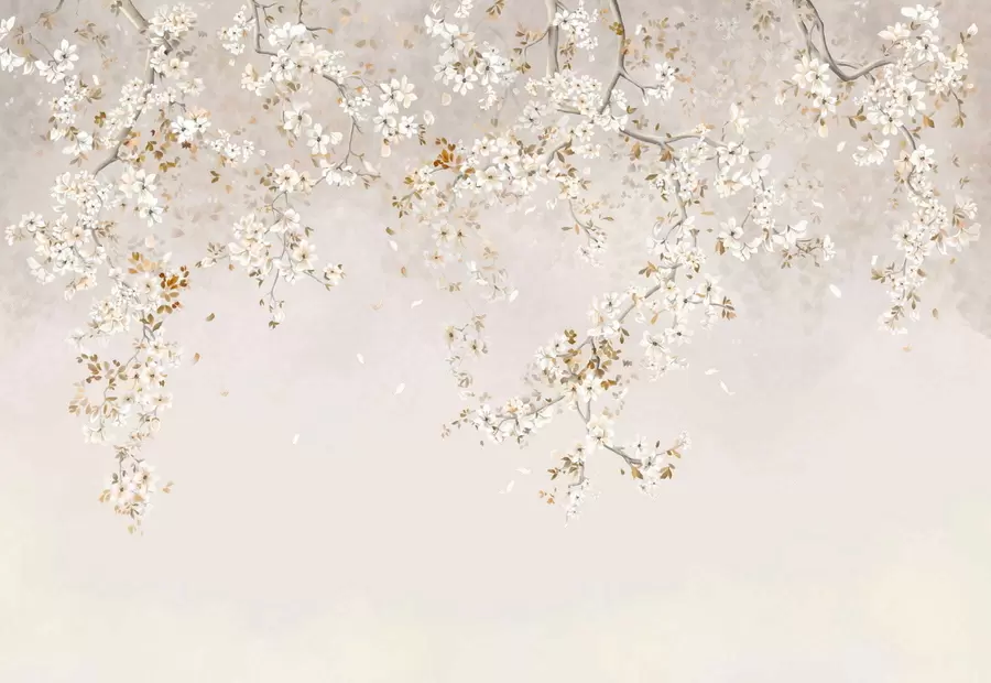 murales de pared Ramas con flores blancas sobre un fondo beige suave. w05129