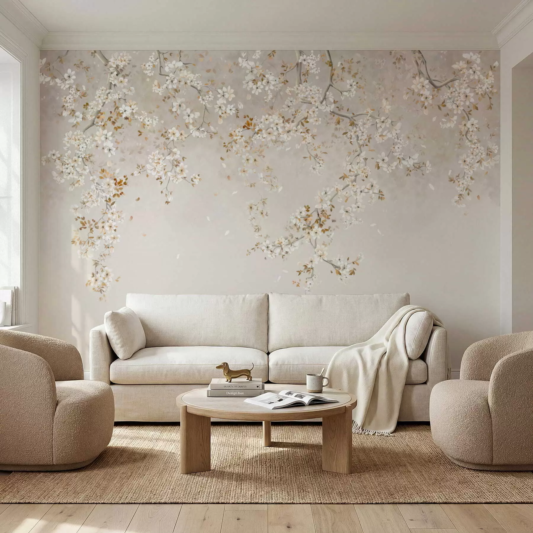 murales de pared Ramas con flores blancas sobre un fondo beige suave. w05129