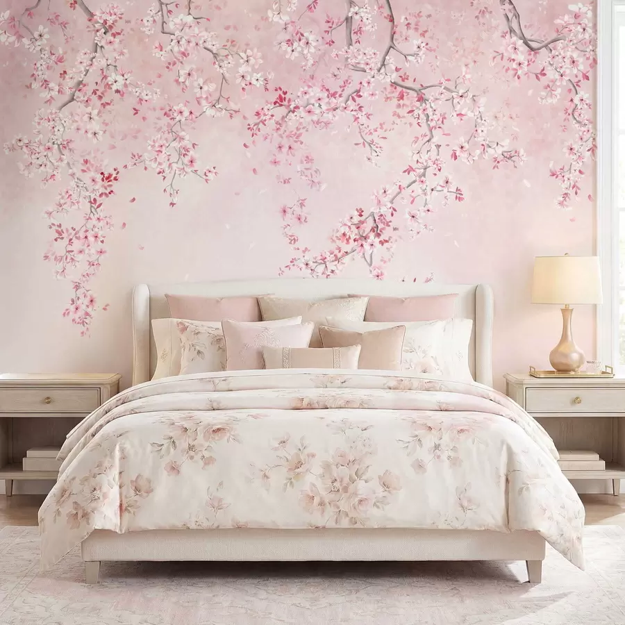 murales de pared Ramitas con flores rosas sobre un fondo pastel suave. w05129v1