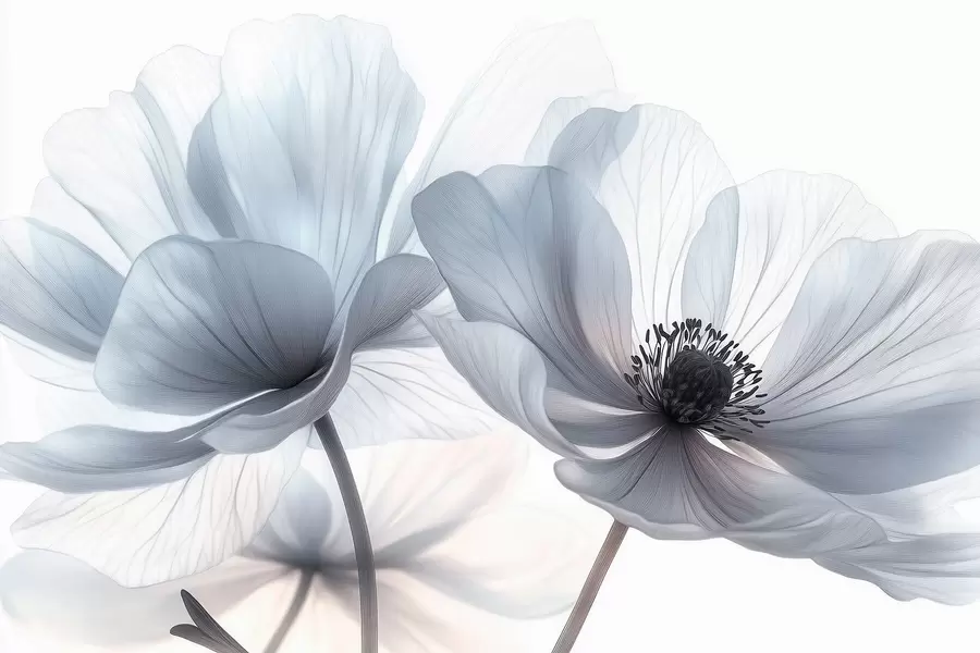 murales de pared Flores translúcidas de color blanco azulado sobre un fondo claro. w09720