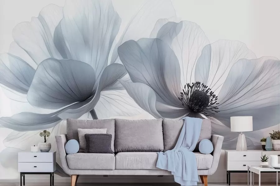 murales de pared Flores translúcidas de color blanco azulado sobre un fondo claro. w09720