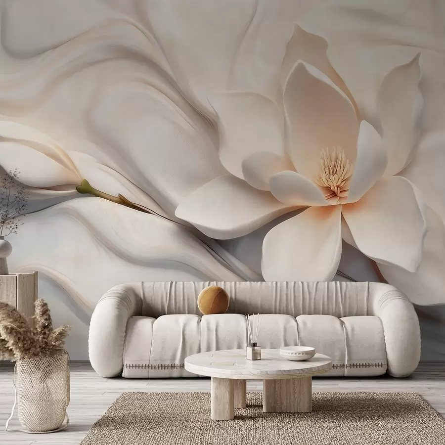 murales de pared Magnolia blanca tridimensional con imitación de textura de mármol en relieve. w09729