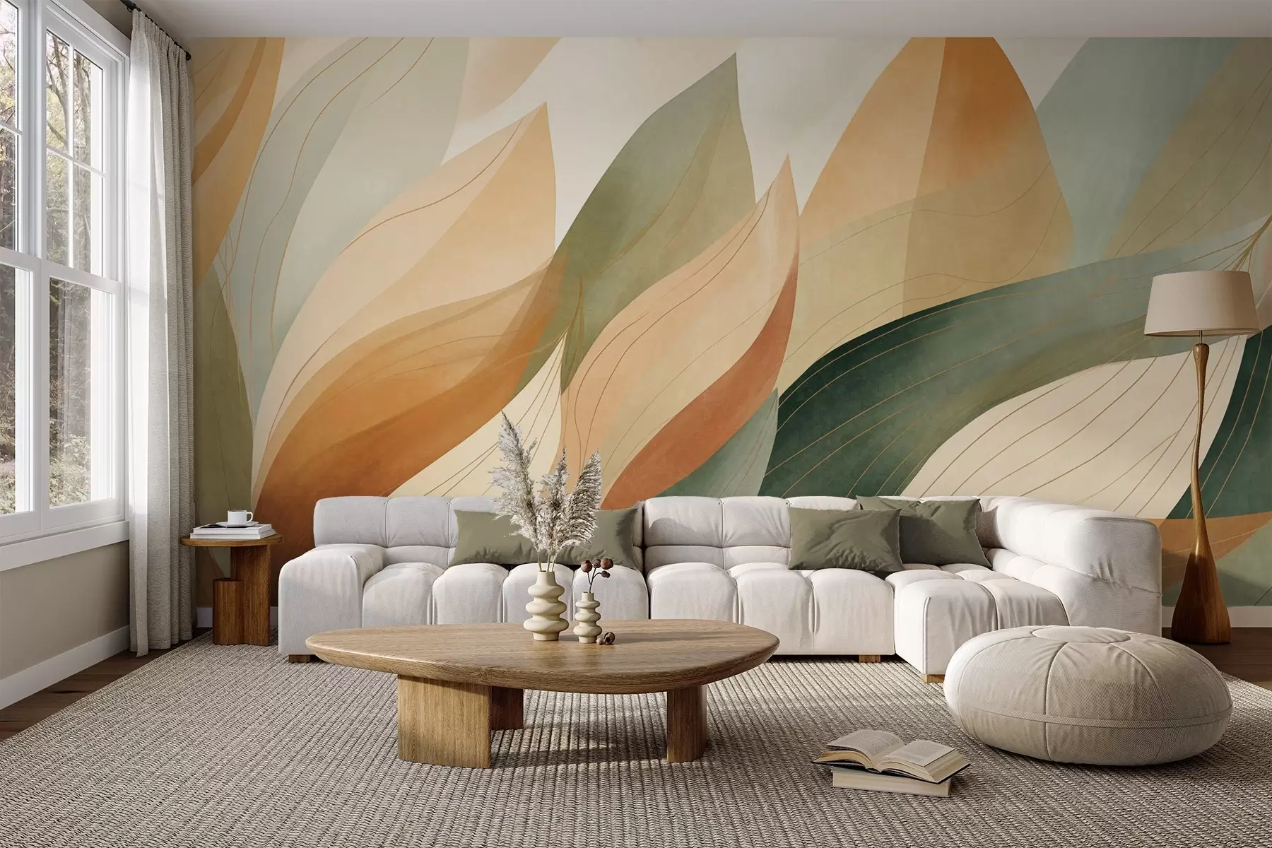 murales de pared Hojas abstractas, tonos tierra apagados de verde y naranja con delicados detalles lineales, textura suave de acuarela. w09736