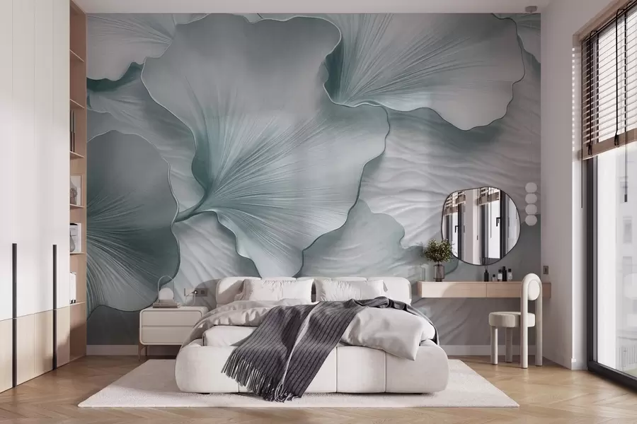 murales de pared Pétalos de hojas de ginkgo texturizados, azules y blancos, con un delicado estampado orgánico. w09741v1