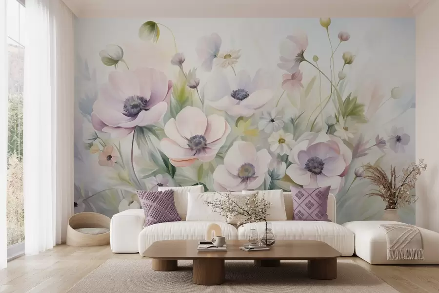 murales de pared Un campo de flores de anémona en tonos rosa pastel y blanco, follaje verde y pequeñas margaritas blancas. w09742