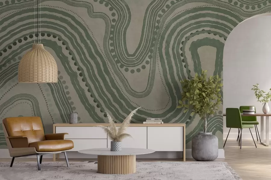 murales de pared Líneas onduladas y puntos abstractos en verde y beige, arte moderno con textura. w09747