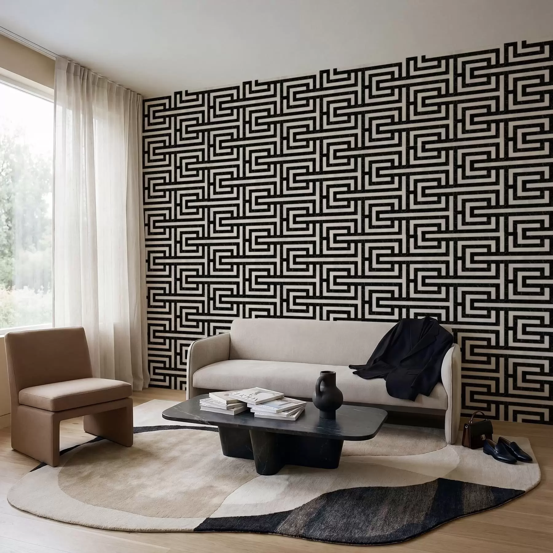 murales de pared Patrón geométrico en blanco y negro con forma de laberinto a01073