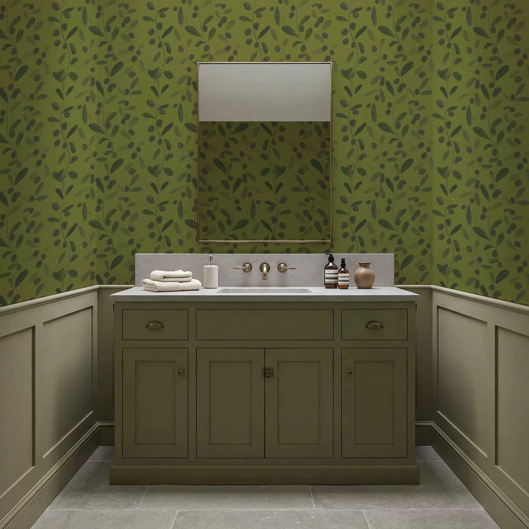 murales de pared Ramas verdes con hojas y bayas en olivo a01113