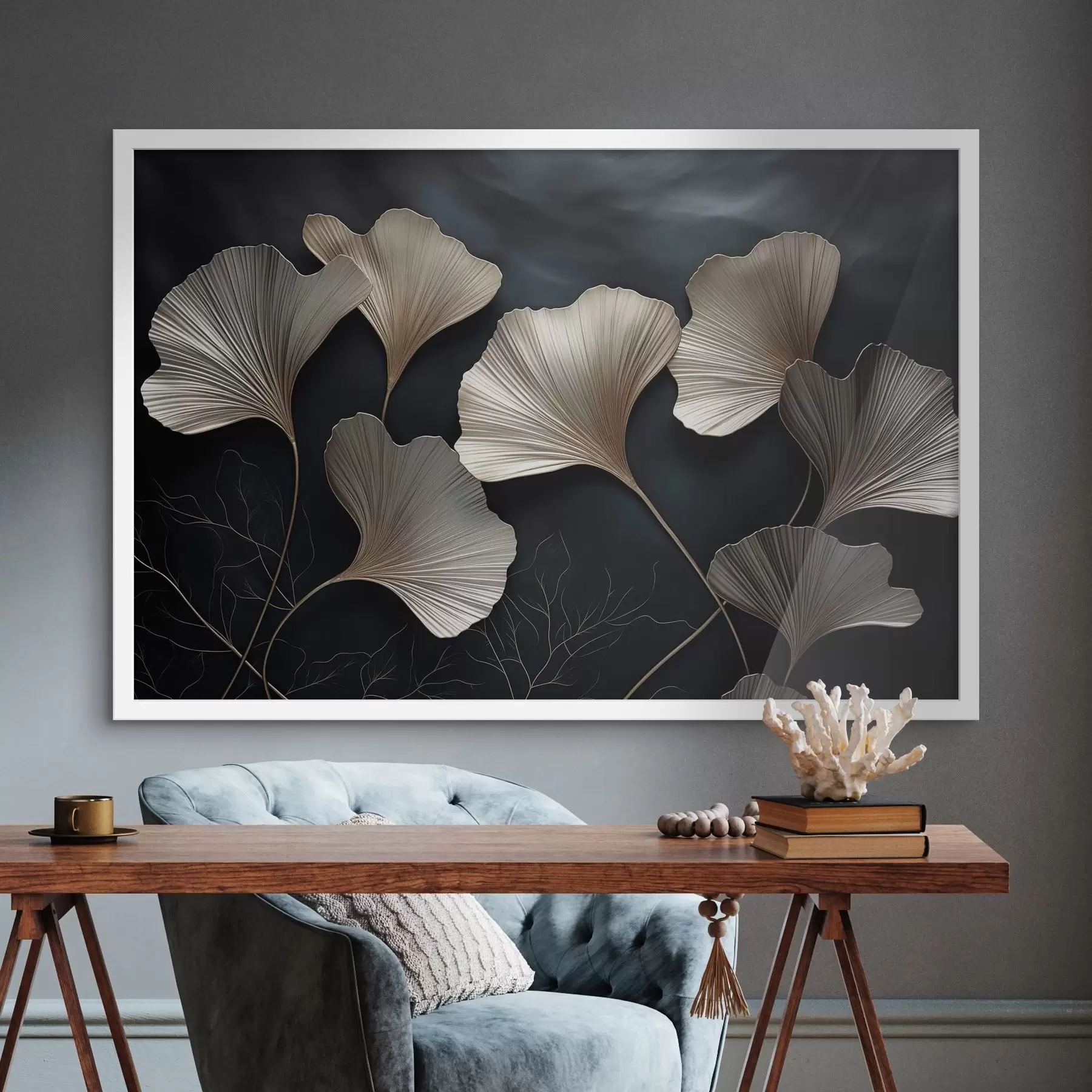 murales de pared Hojas de ginkgo sobre fondo oscuro f48008