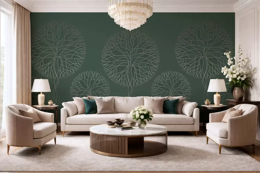 murales de pared Árboles lineales fantásticos con copas frondosas en elegantes tonos verde oscuro. w05213v2