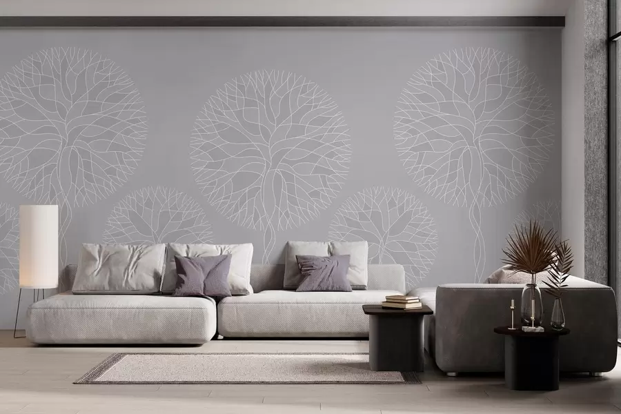 murales de pared Árboles lineales fantásticos con copas frondosas en tonos gris claro. w05213v4