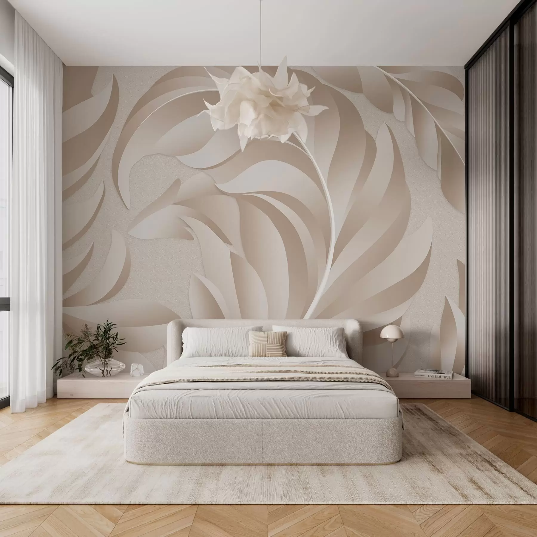 murales de pared Plumas grandes con textura en tonos beige y empolvados. w05231