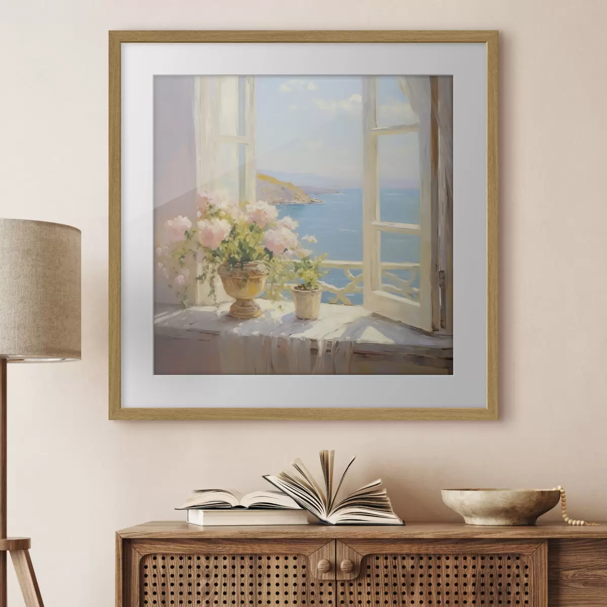 Poster Un ramo de flores en un jarrón junto a la ventana. f48053