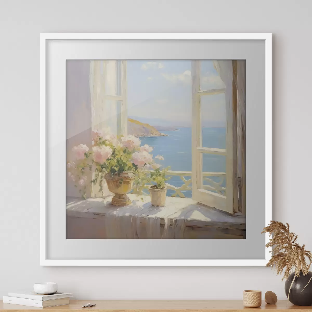 Poster Un ramo de flores en un jarrón junto a la ventana. f48053