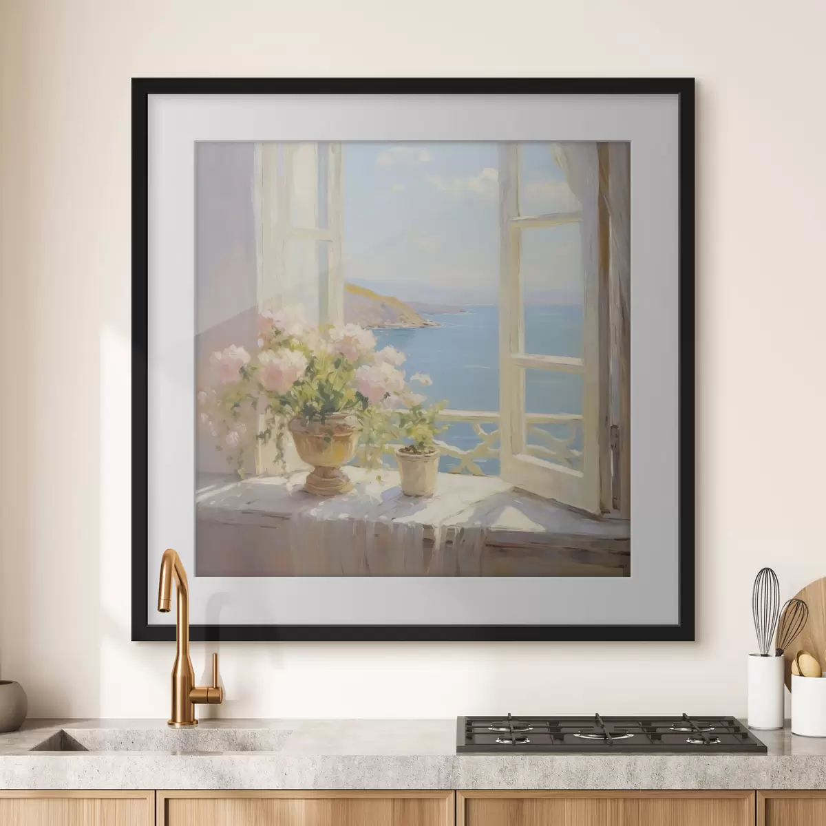 Poster Un ramo de flores en un jarrón junto a la ventana. f48053