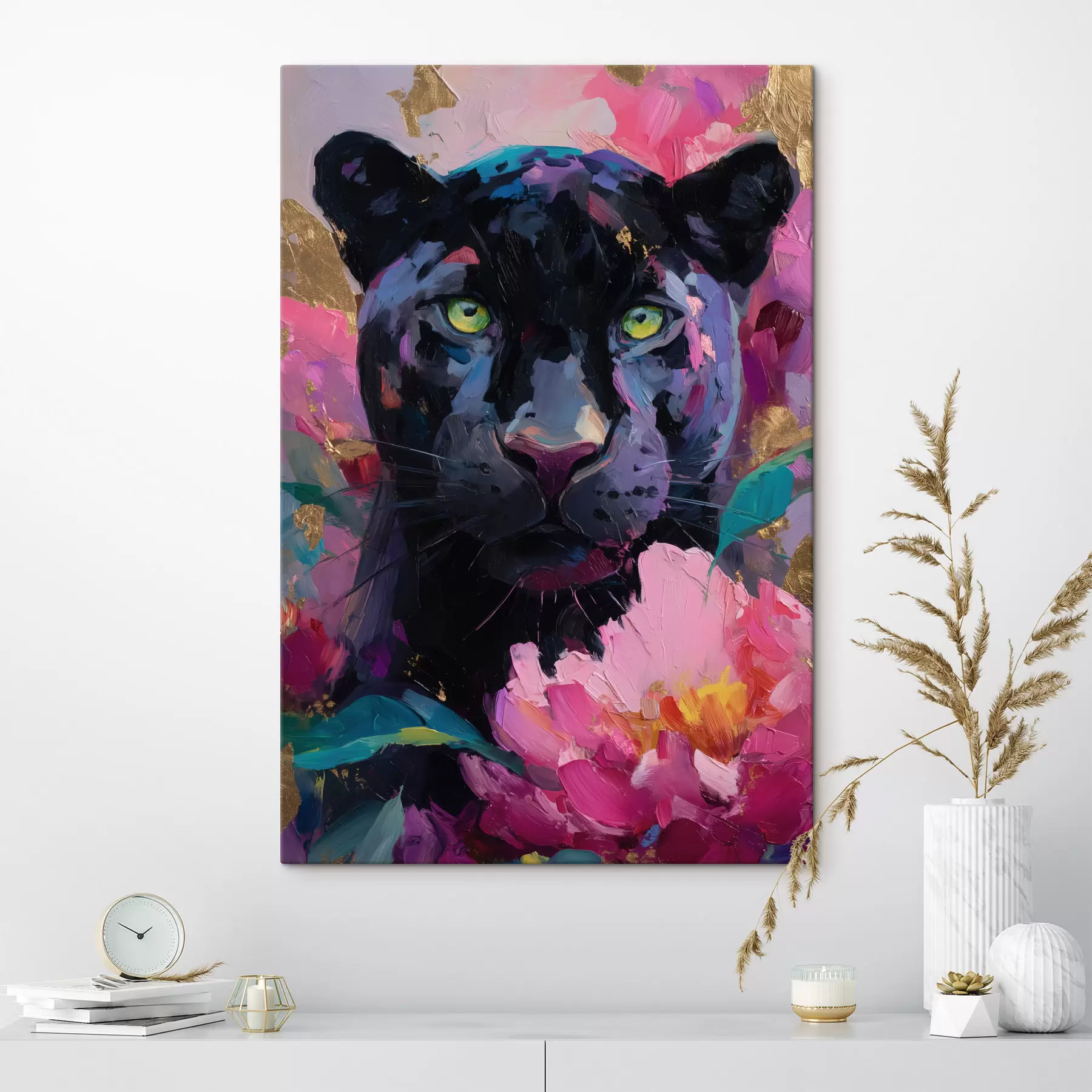 murales de pared pantera negra entre peonías s47935