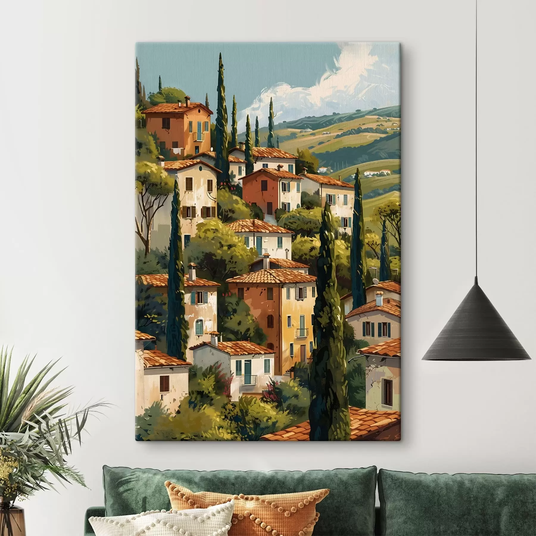 murales de pared Pueblo mediterráneo en una ladera, con casas de tonos cálidos y tejados de terracota. s47950