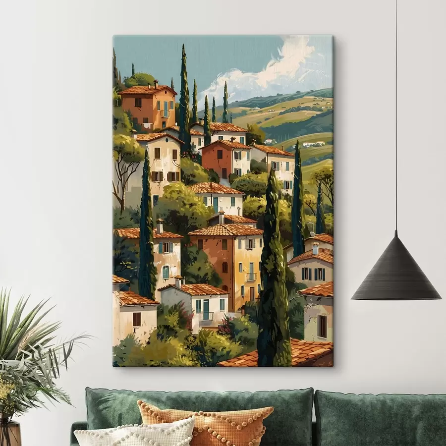 murales de pared Pueblo mediterráneo en una ladera, con casas de tonos cálidos y tejados de terracota. s47950