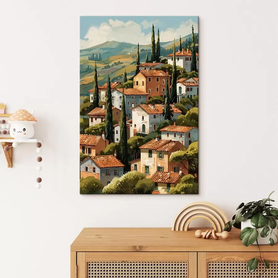 murales de pared Pueblo mediterráneo en una ladera, con casas de tonos cálidos y tejados de terracota. s47951