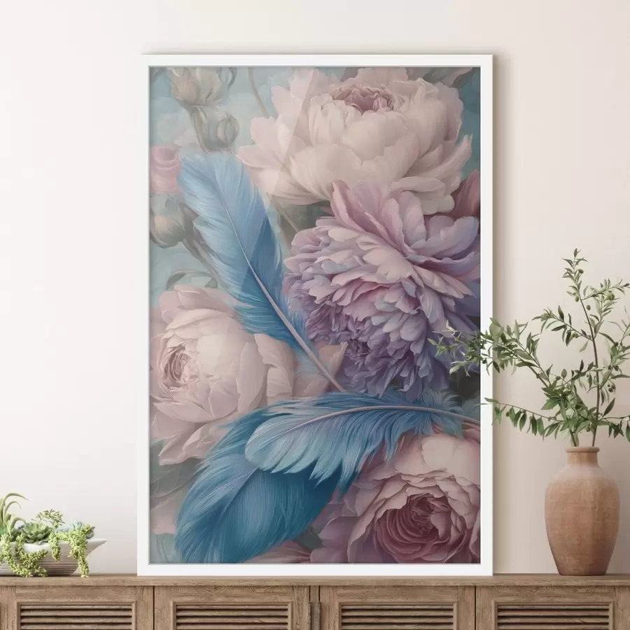 murales de pared plumas entre peonías f47939