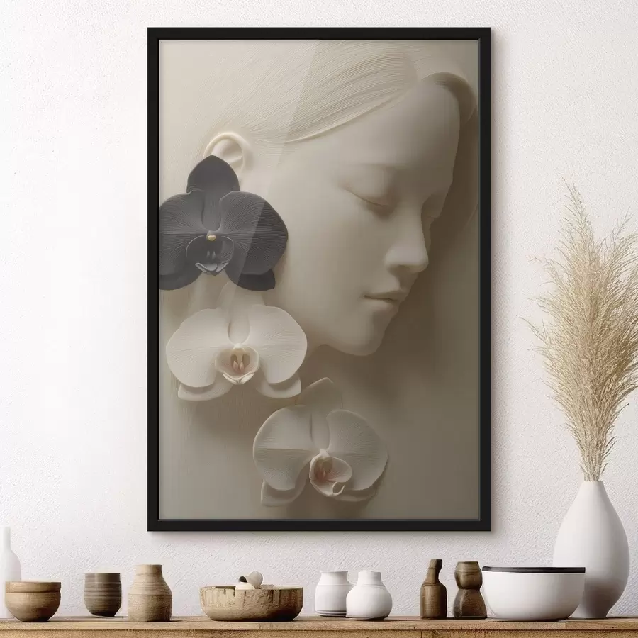 murales de pared Chica con orquídeas en estilo bajorrelieve f47941