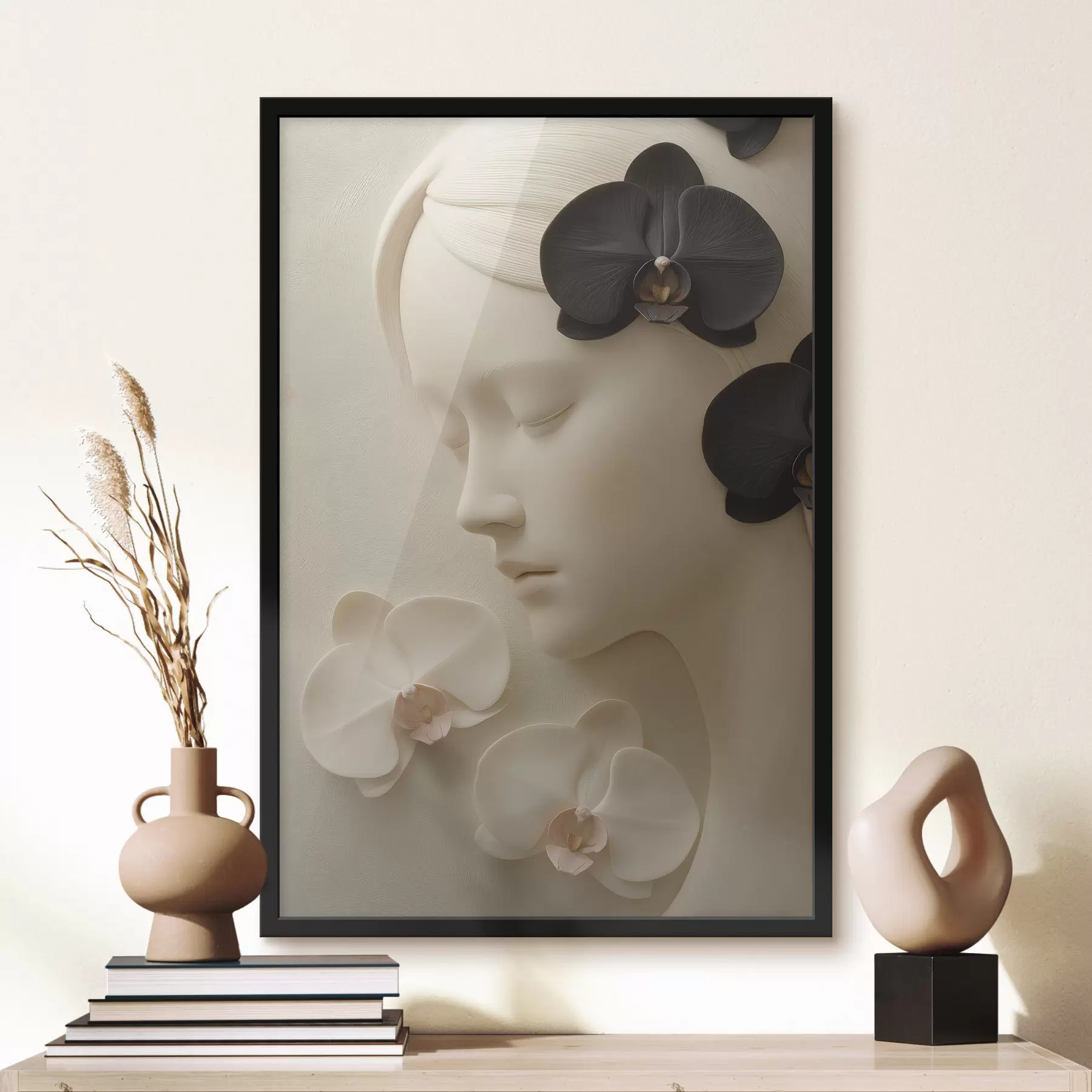 murales de pared Chica con orquídeas en estilo bajorrelieve f47942
