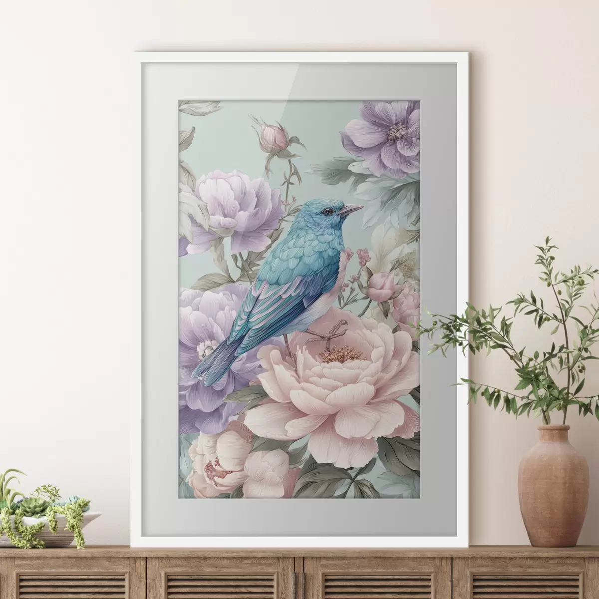 Poster pájaros cantando entre rosas f47943